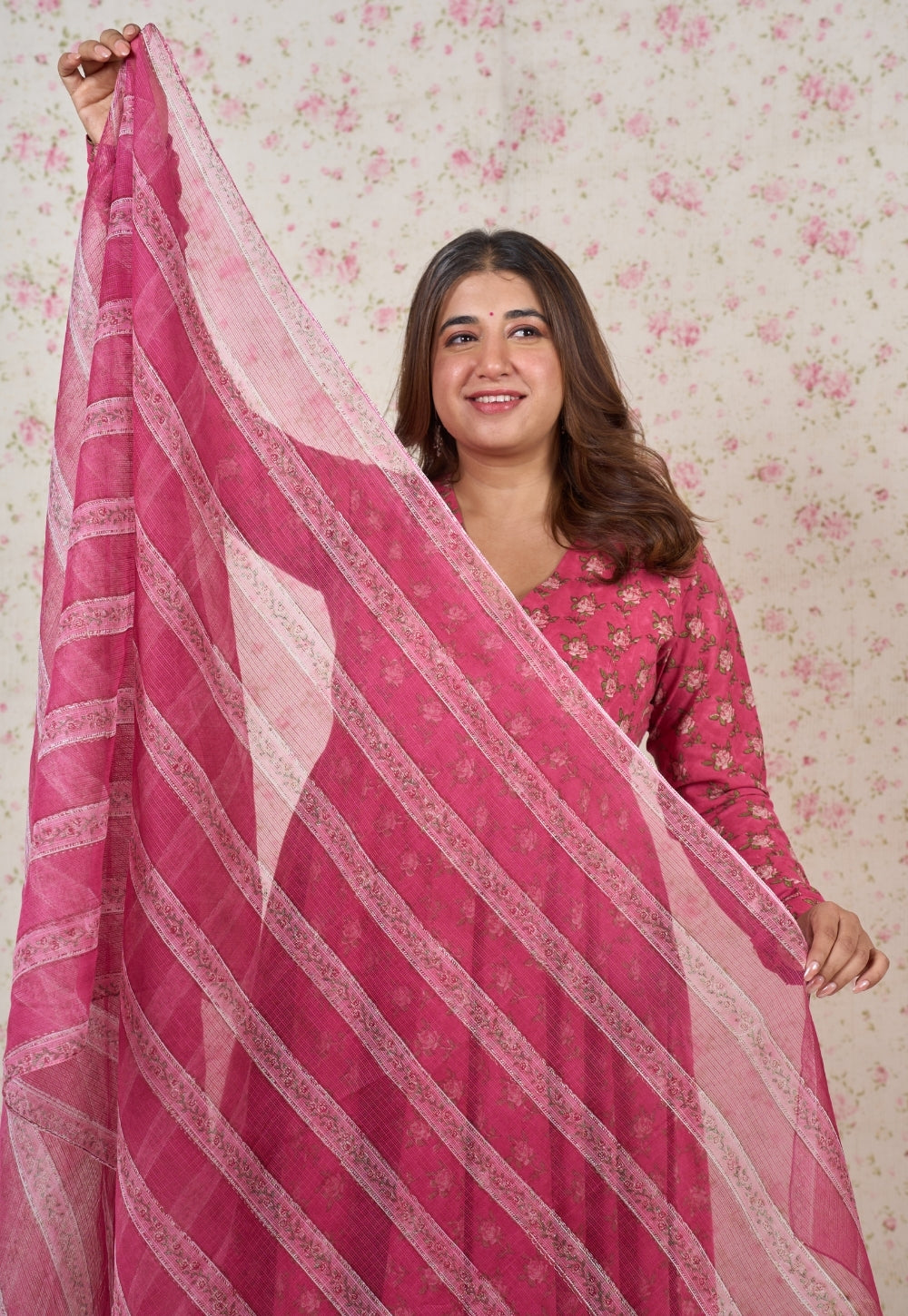 Pink Sanganeri Kota Doria Cotton Dupatta