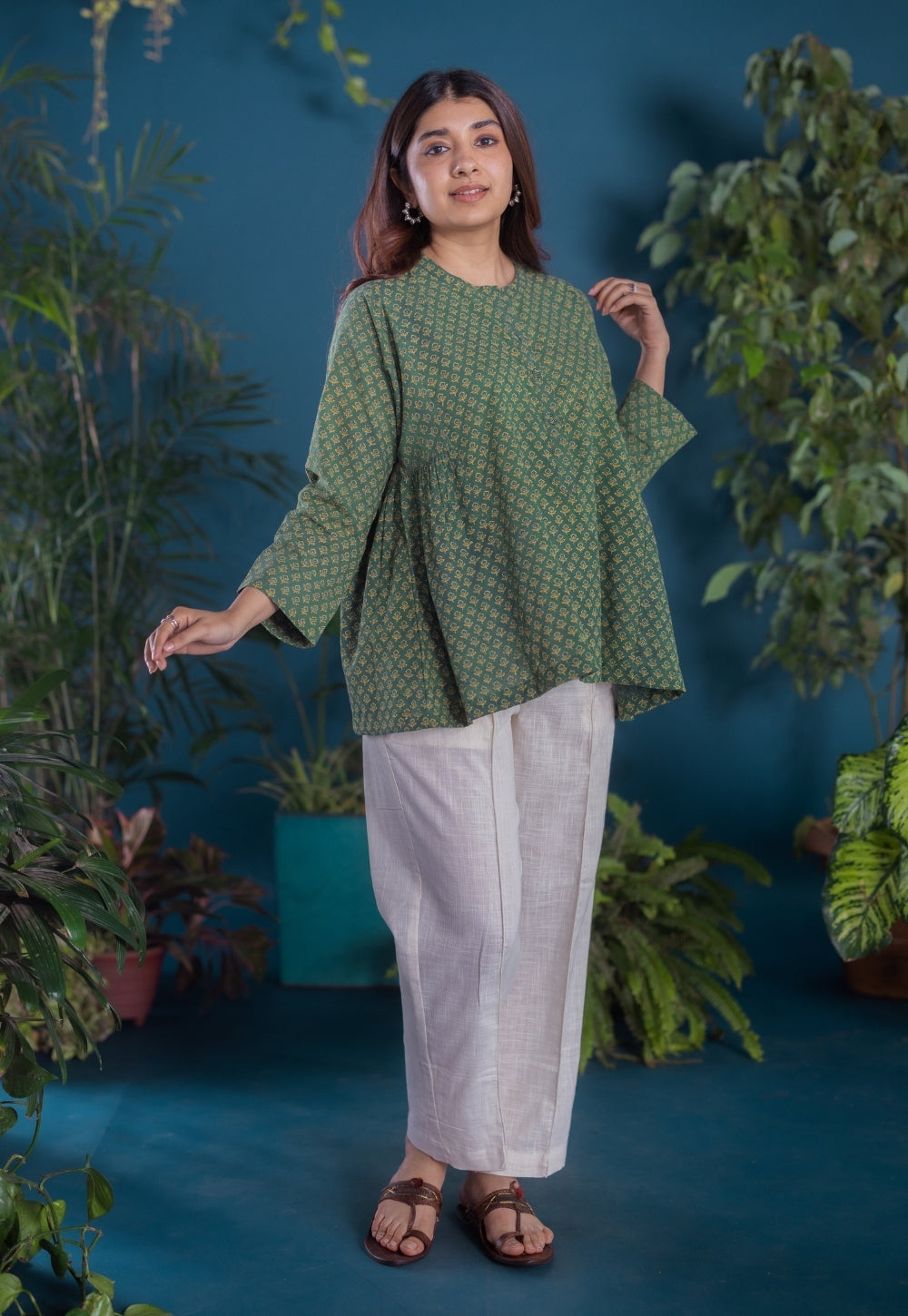 Gurmeet Green Ajrakh Cotton A Line Short Top