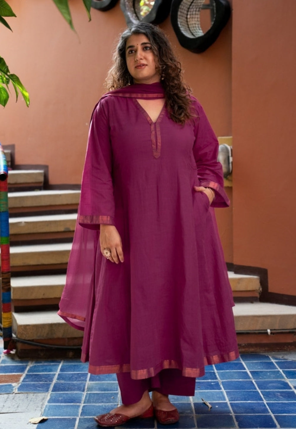 Kalika Magenta Pink Mangalgiri Cotton Kali Kurta with Nizam Border