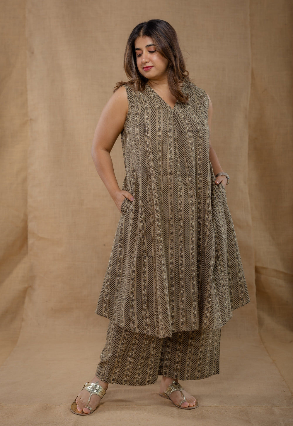Raahi Grey Ajrakh Cotton A Line Co-Ord Set