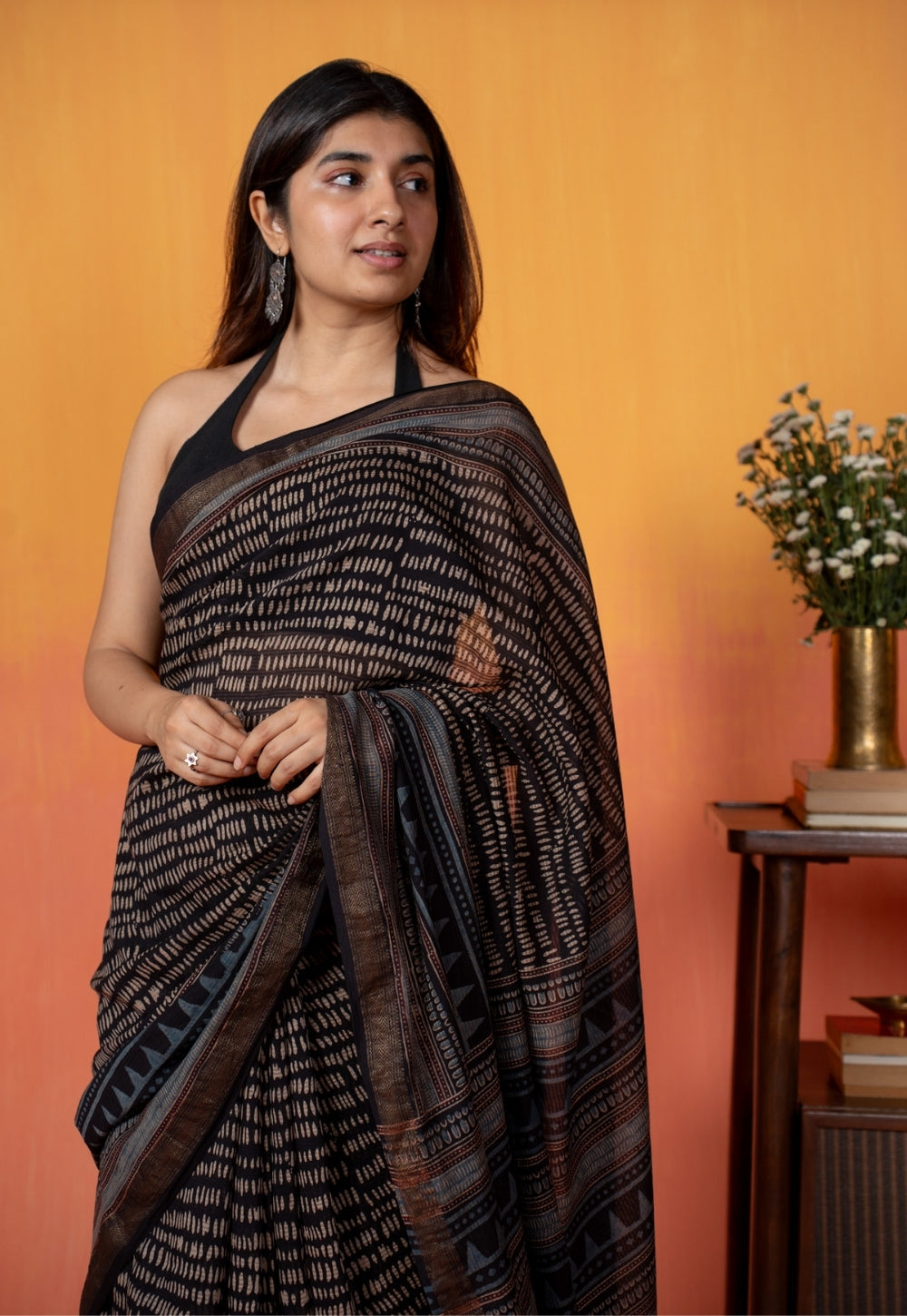 Black Objects Ajrakh Hand Block Print Maheshwari Saree
