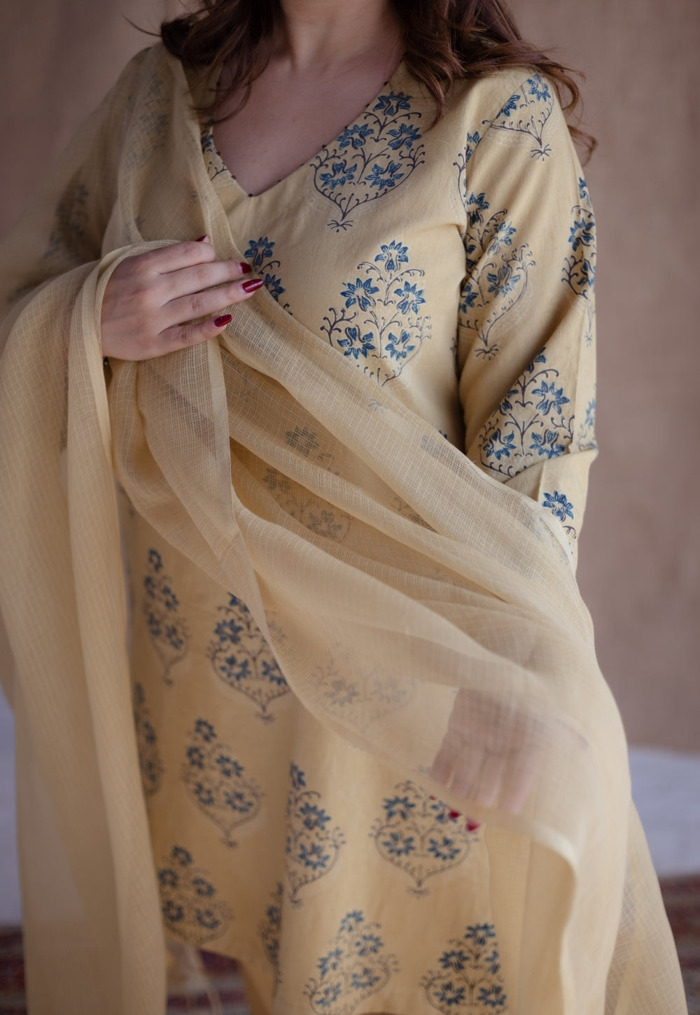 Kavya Yellow Ajrakh Cotton Straight Suit Set (Set of 3)