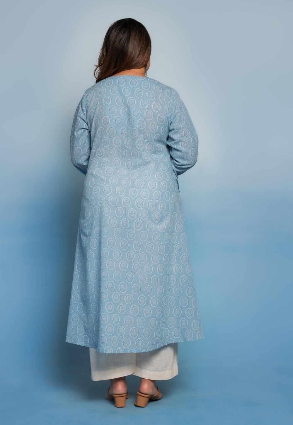 Rifaa Blue Dabu Mul Cotton A Line Kurta
