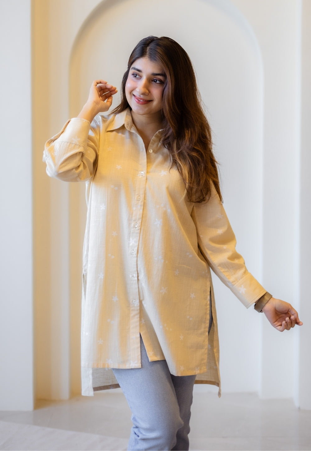 Meera Beige Hand Block Print Slub Cotton A Line Short Top