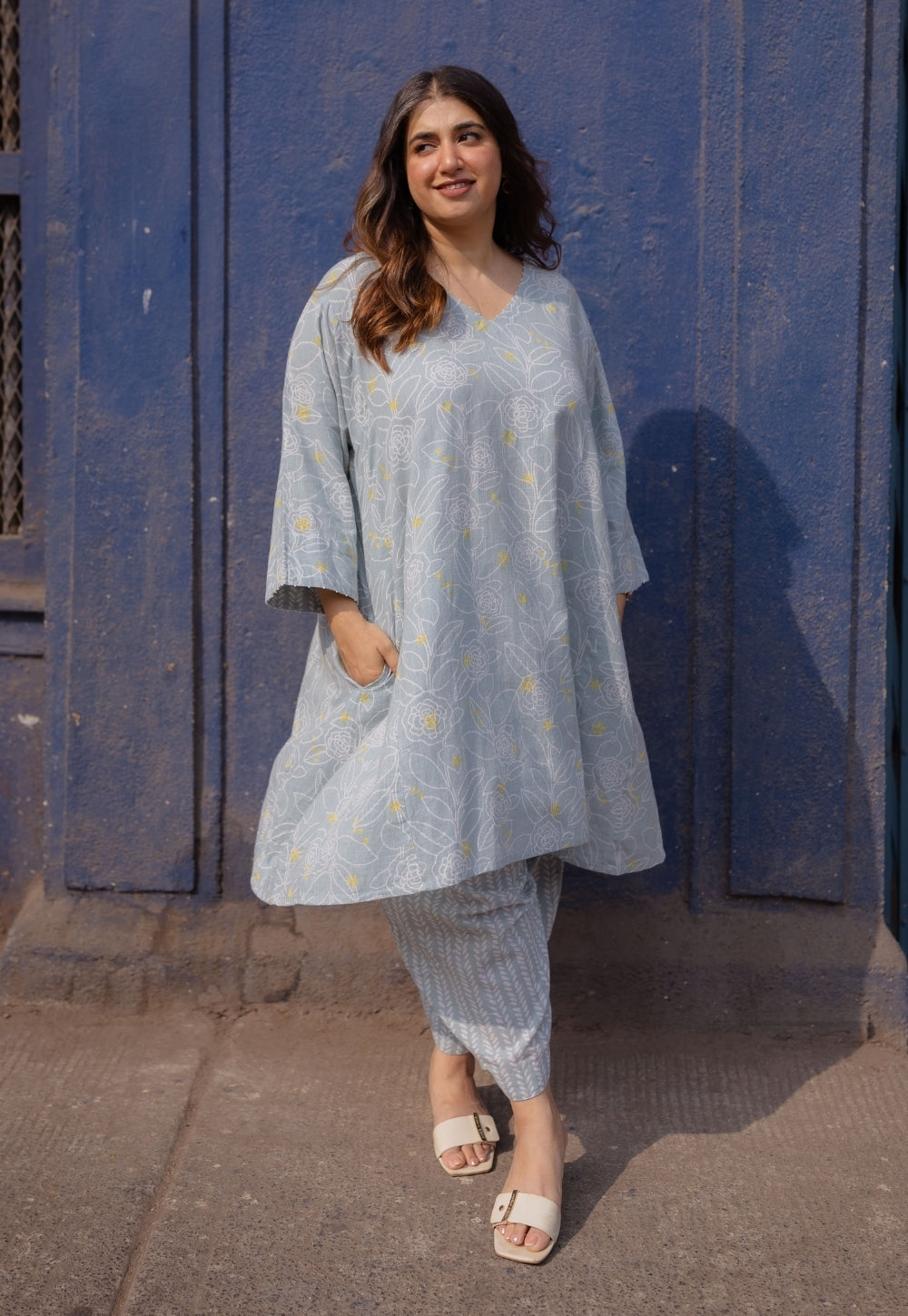 Jazmin Sky Blue Hand Block Print Slub Cotton Anti-Fit Kurta with Hand Embroidery