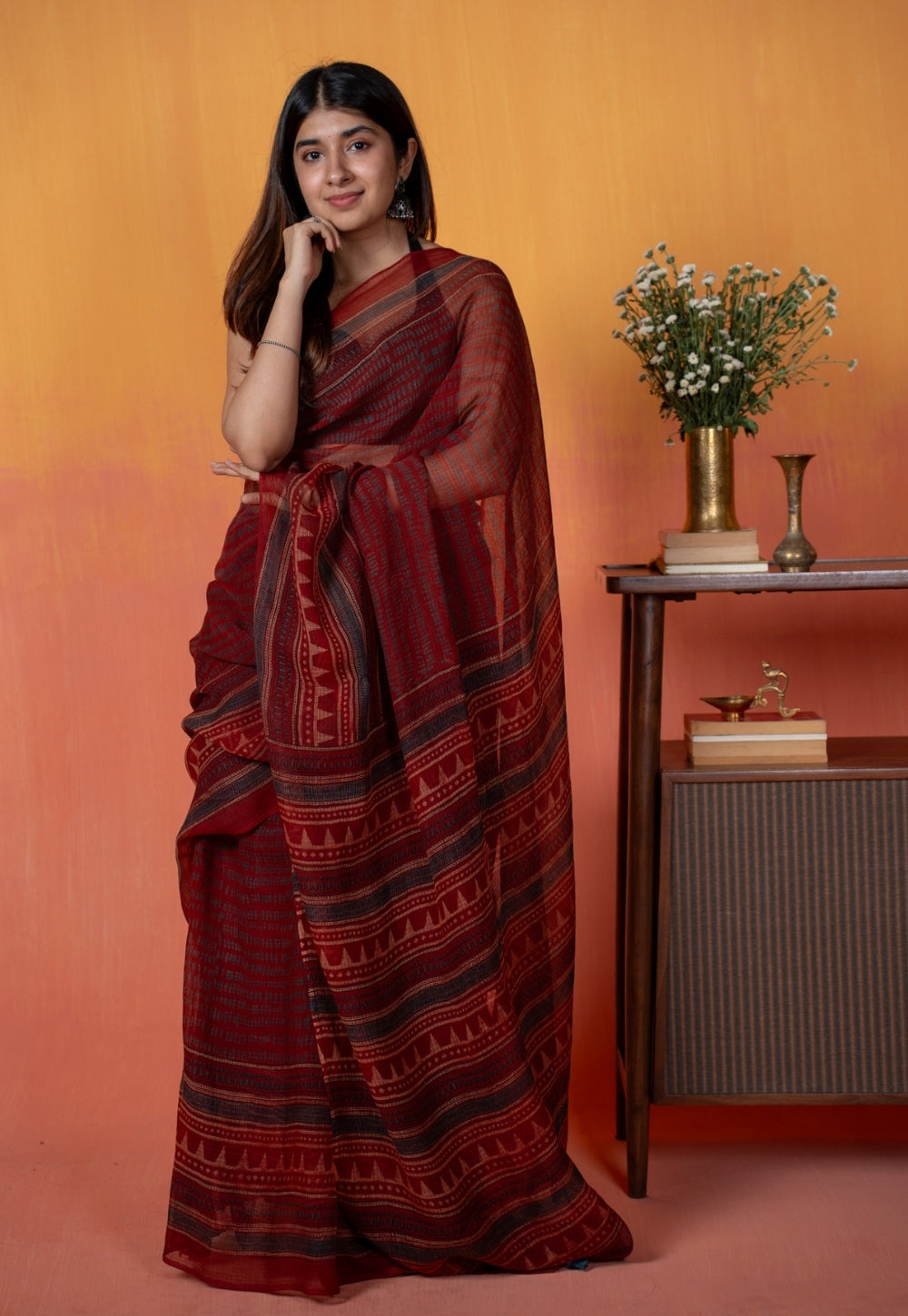 Red Objects Ajrakh Hand Block Print Kota Doria Cotton Saree