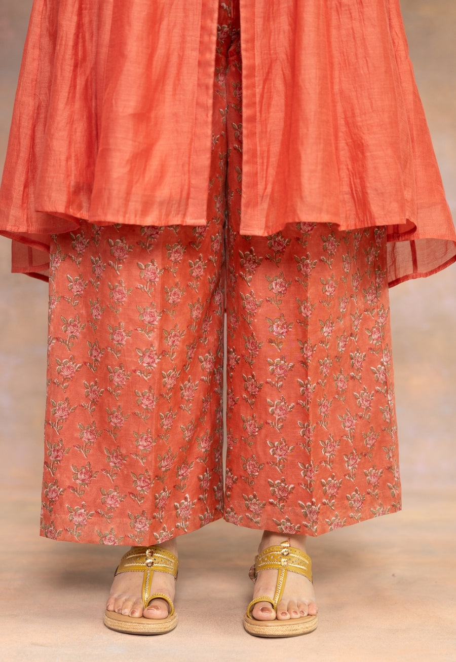 Rosa Orange Sanganeri Chanderi Silk Wide Pant