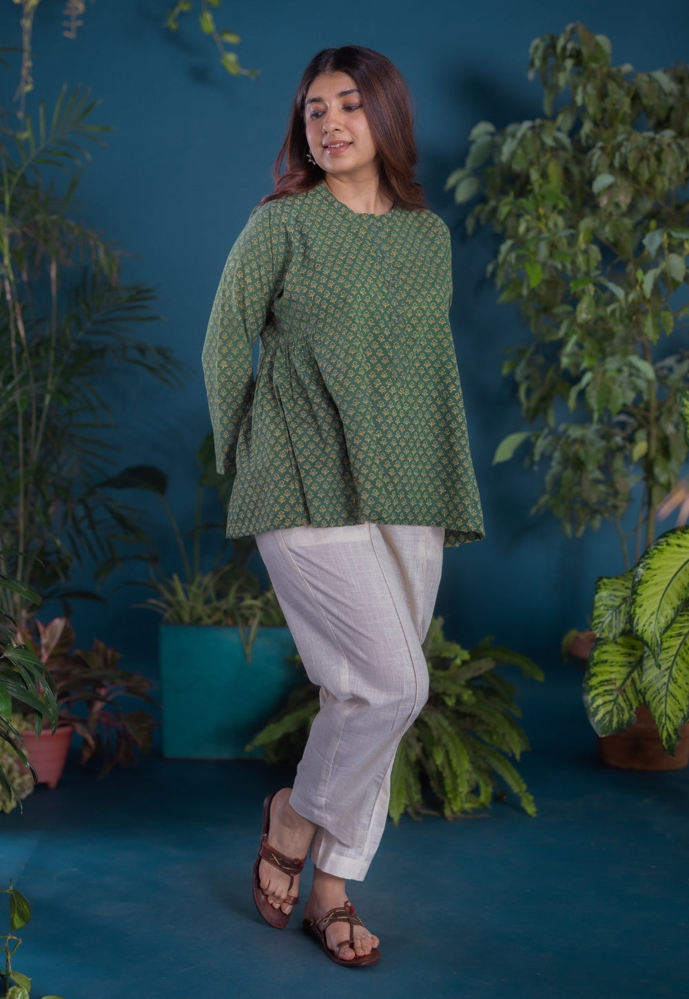 Gurmeet Green Ajrakh Cotton A Line Short Top