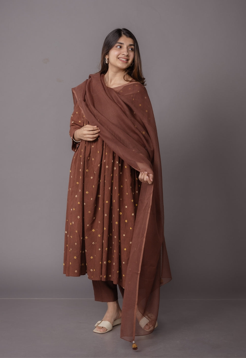 Trupti Brown Bandhani Cotton A Line Kurta with Dupatta