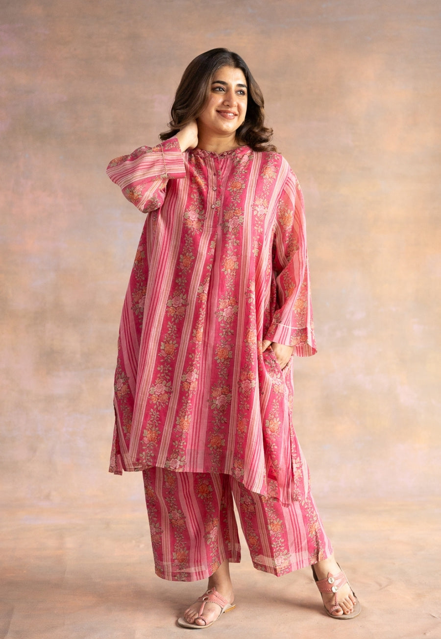 Rooz Pink Sanganeri Chanderi Silk Straight Kurta with Lace Detailing