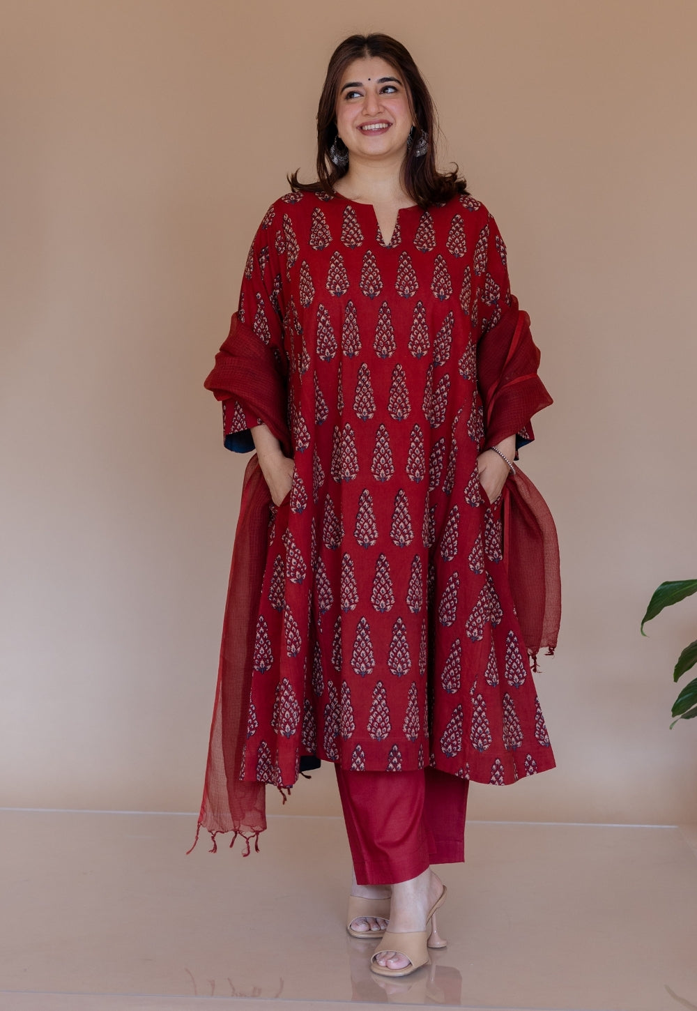 Nyra Red Ajrakh Cotton Jhabbha Kali Kurta