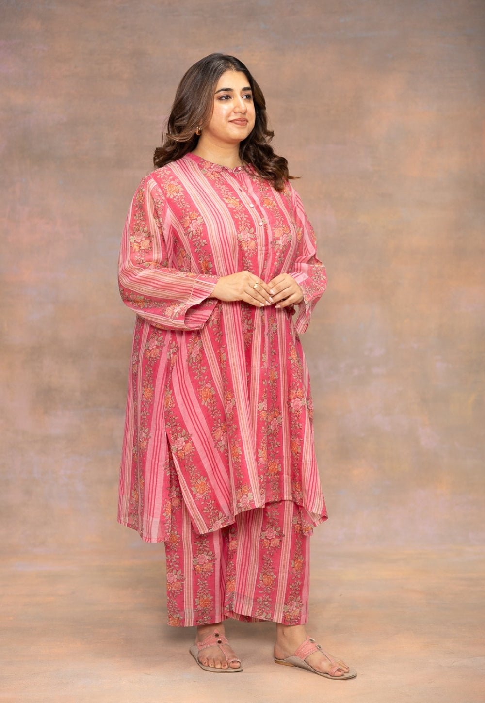 Rooz Pink Sanganeri Chanderi Silk Straight Kurta with Lace Detailing