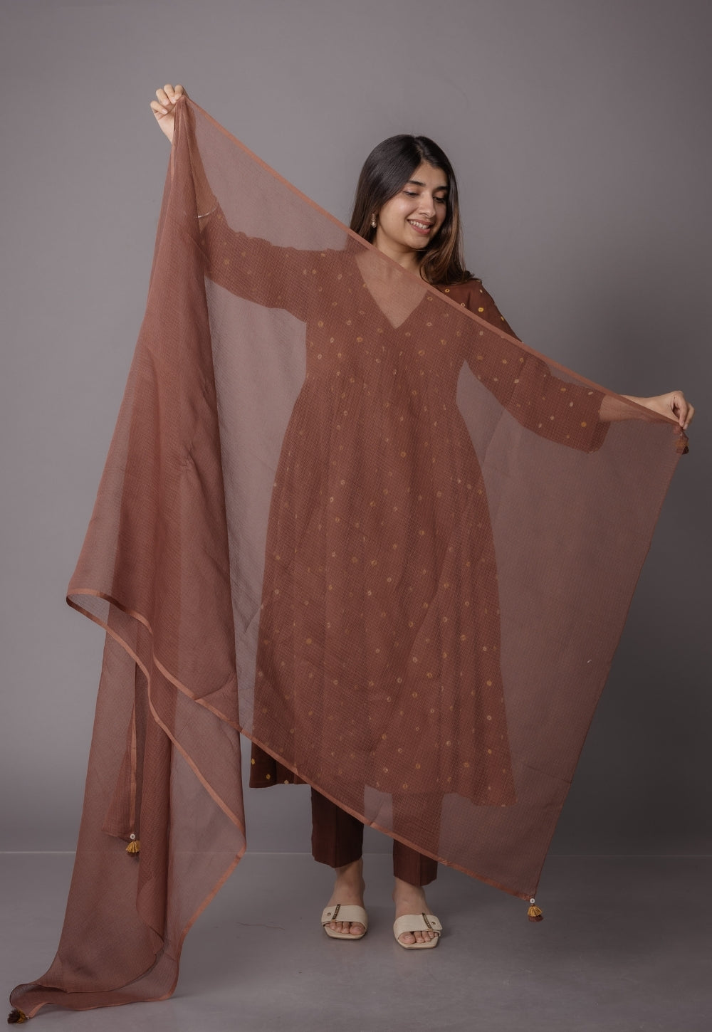 Trupti Brown Bandhani Cotton A Line Suit Set (Set of 3)