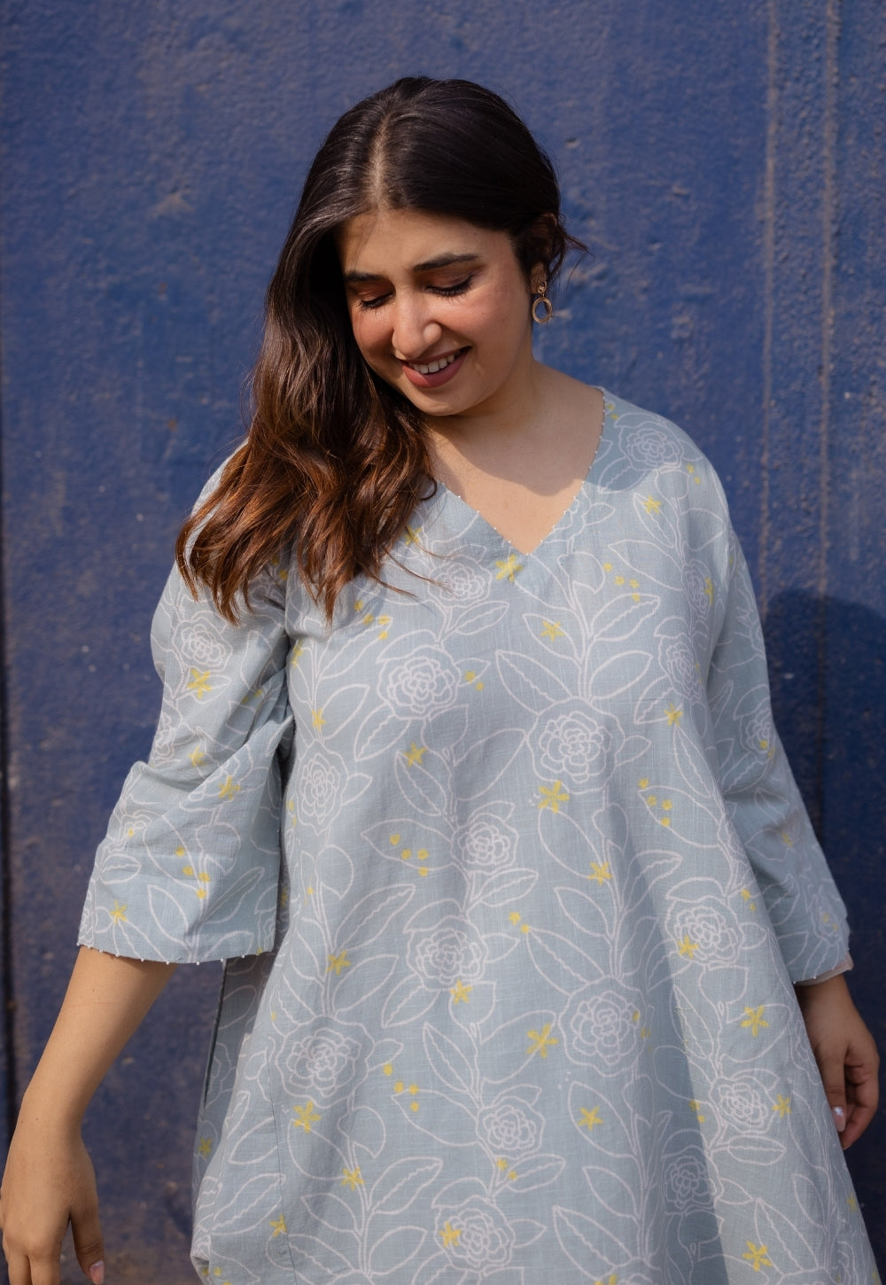 Jazmin Sky Blue Hand Block Print Slub Cotton Anti-Fit Kurta with Hand Embroidery