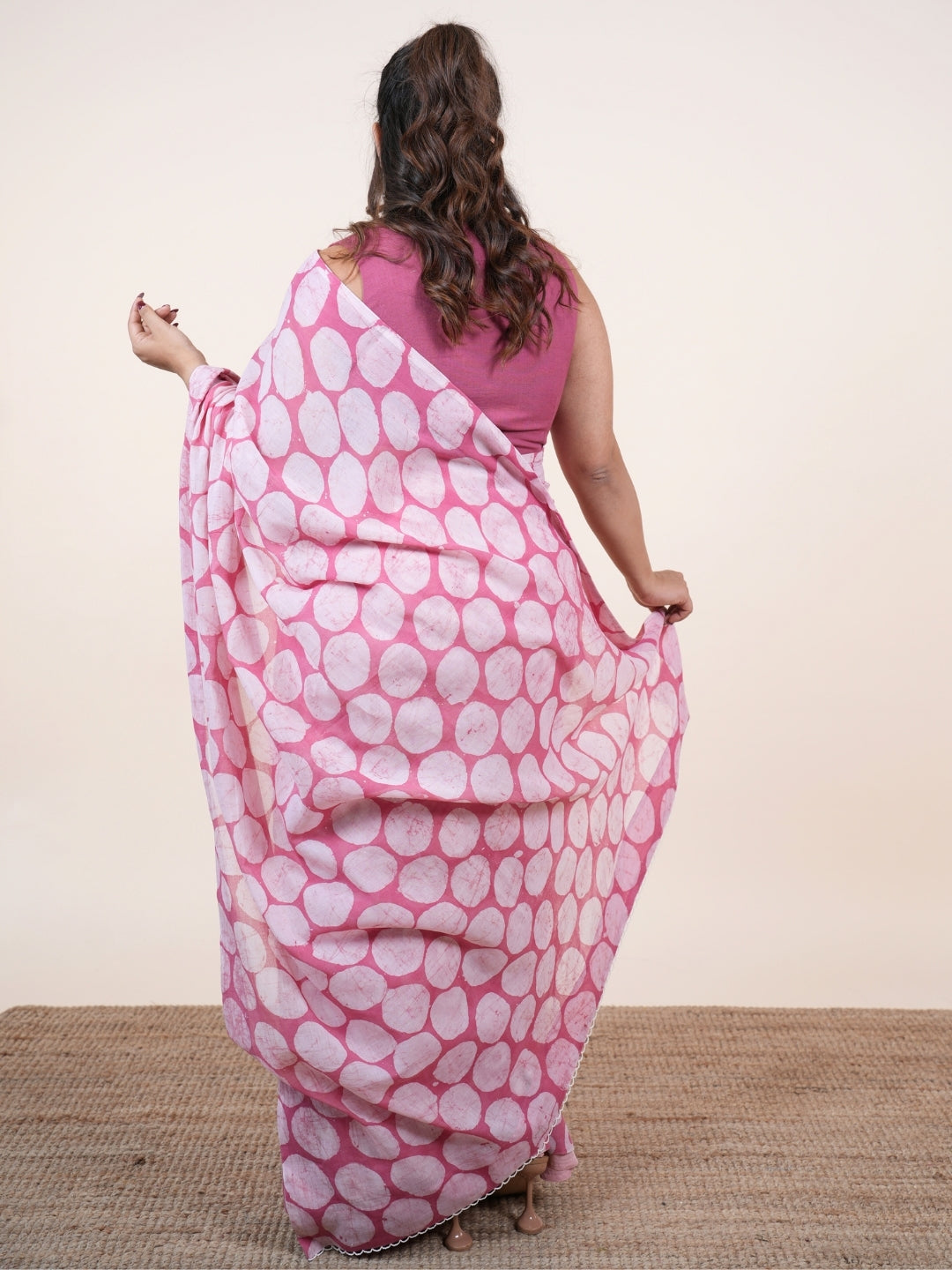 Yumna Pink Batik Hand Block Print Mul Cotton Saree with Embroidery