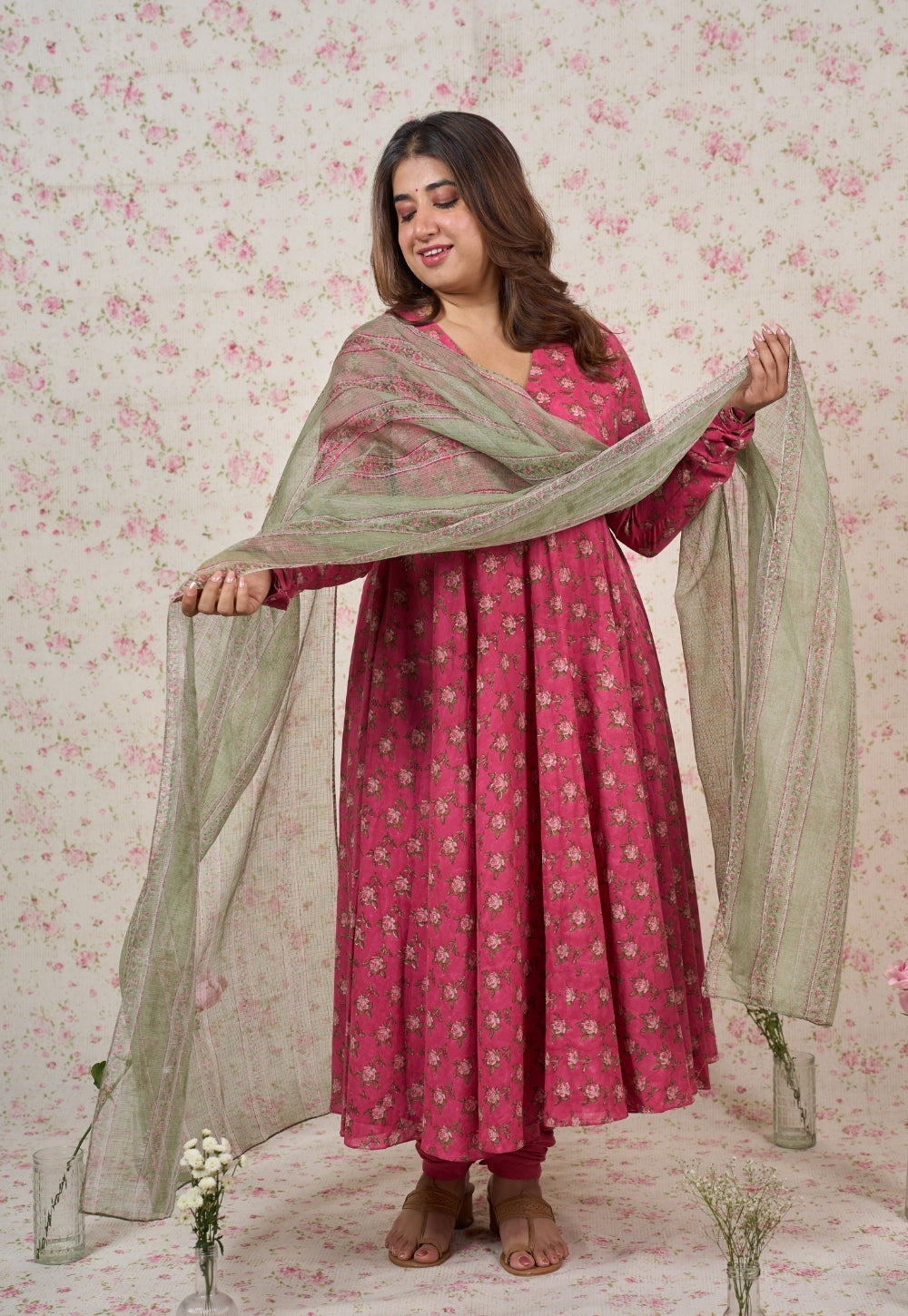 Julia Pink Sanganeri Mul Cotton A Line Kurta