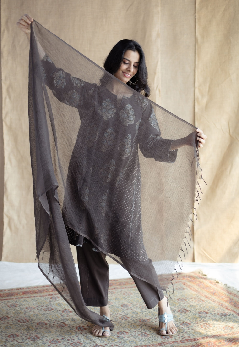 Charcoal Solid Kota Doria Cotton Dupatta