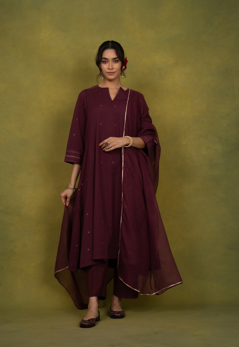 Malika Wine Rogan Handblock Printed Cotton Kali Kurta Suit Set (Set of 3)