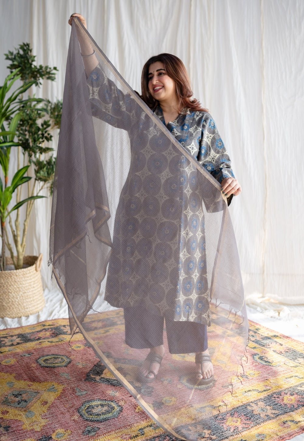 Grey Kota Doria Cotton Dupatta