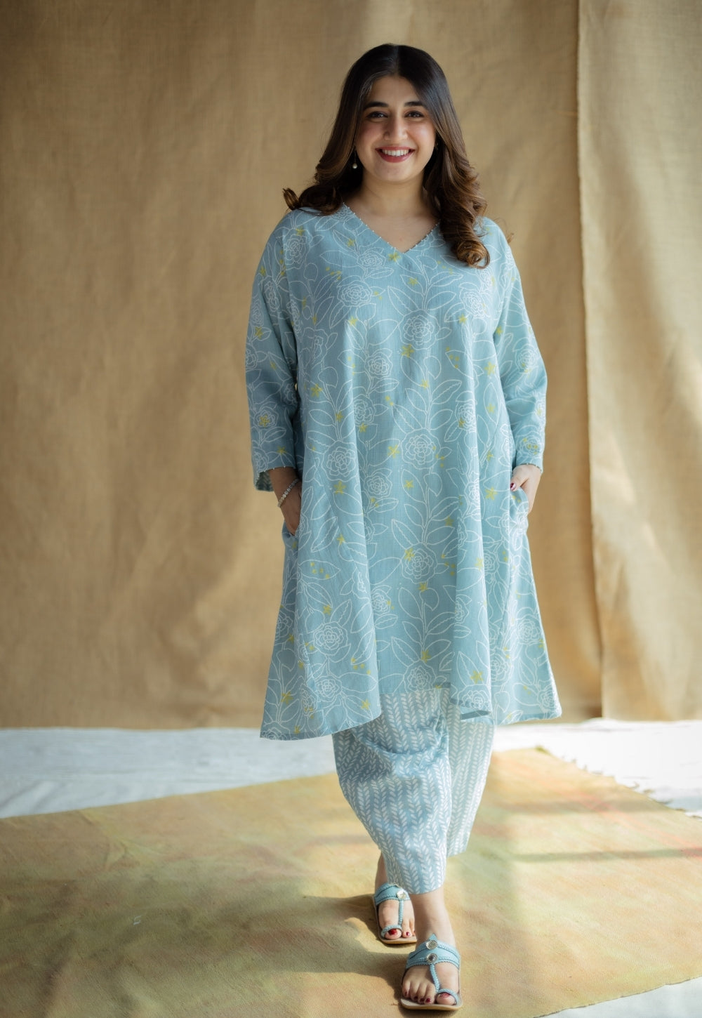 Jazmin Sky Blue Hand Block Print Slub Cotton Anti-Fit Kurta with Hand Embroidery