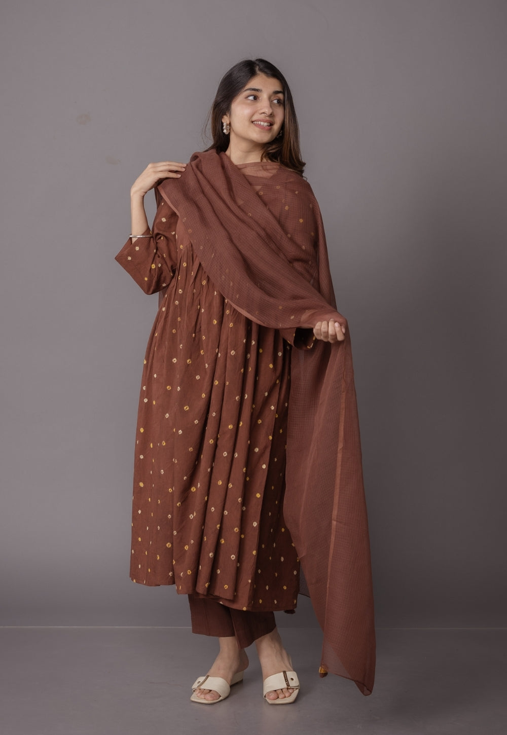 Trupti Brown Bandhani Cotton A Line Kurta with Dupatta