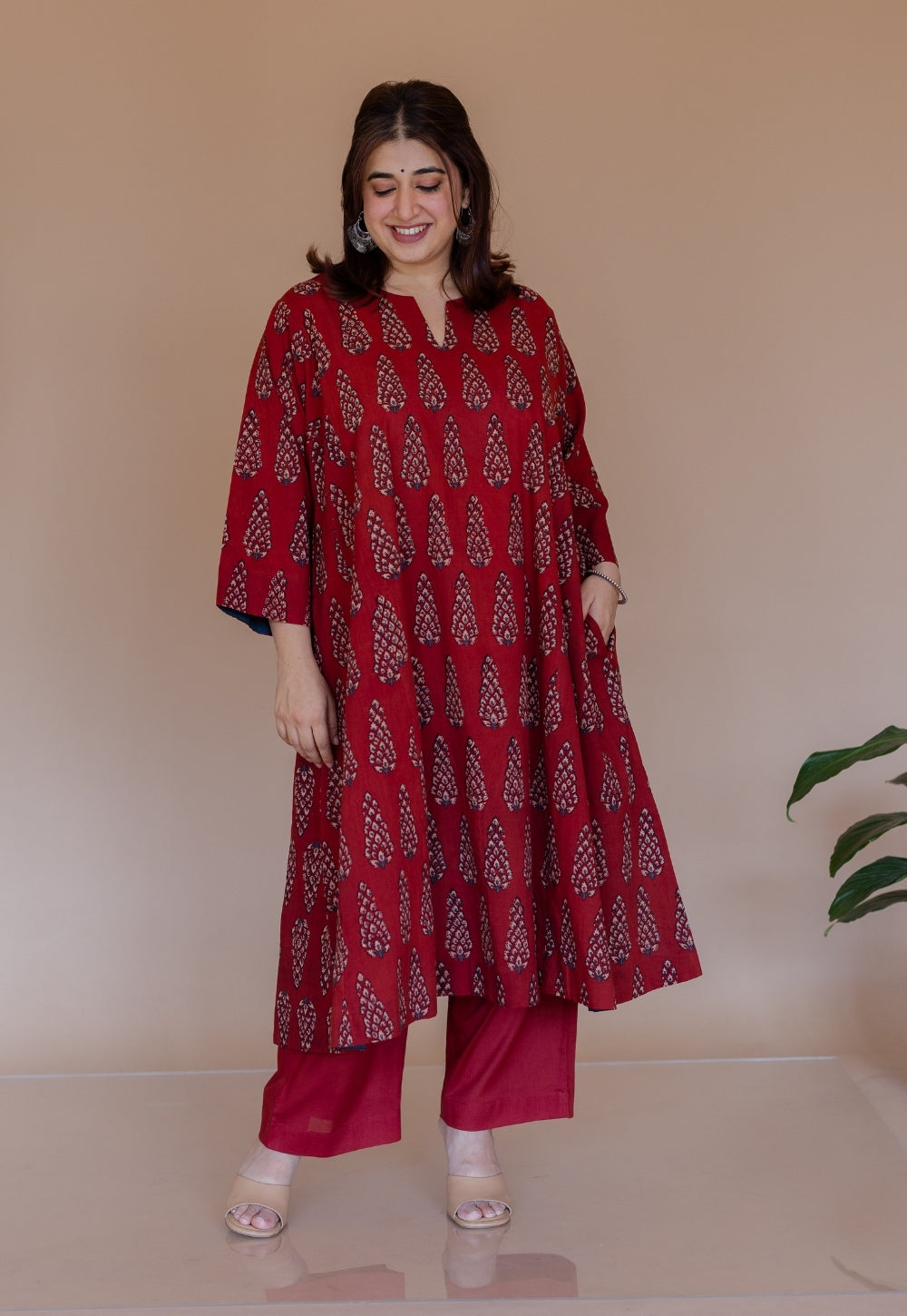 Nyra Red Ajrakh Cotton Jhabbha Kali Kurta