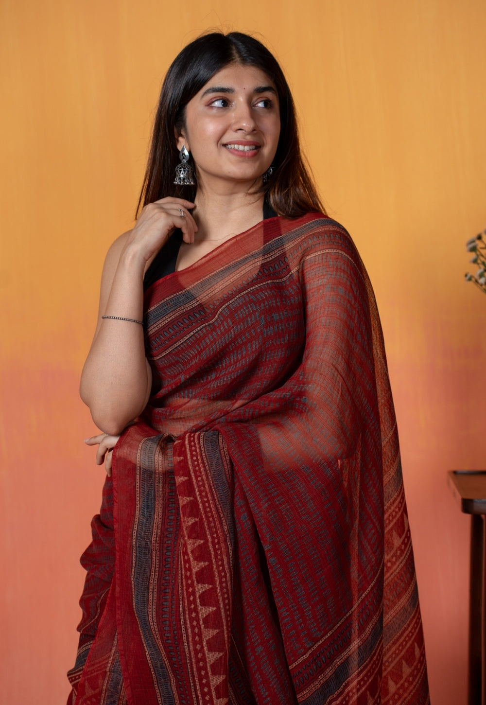 Red Objects Ajrakh Hand Block Print Kota Doria Cotton Saree