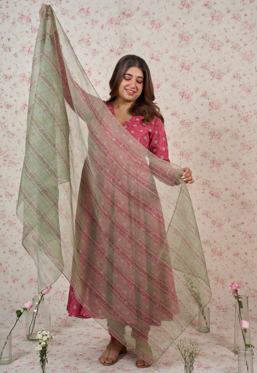 Rozin Green Sanganeri Kota Doria Cotton Dupatta