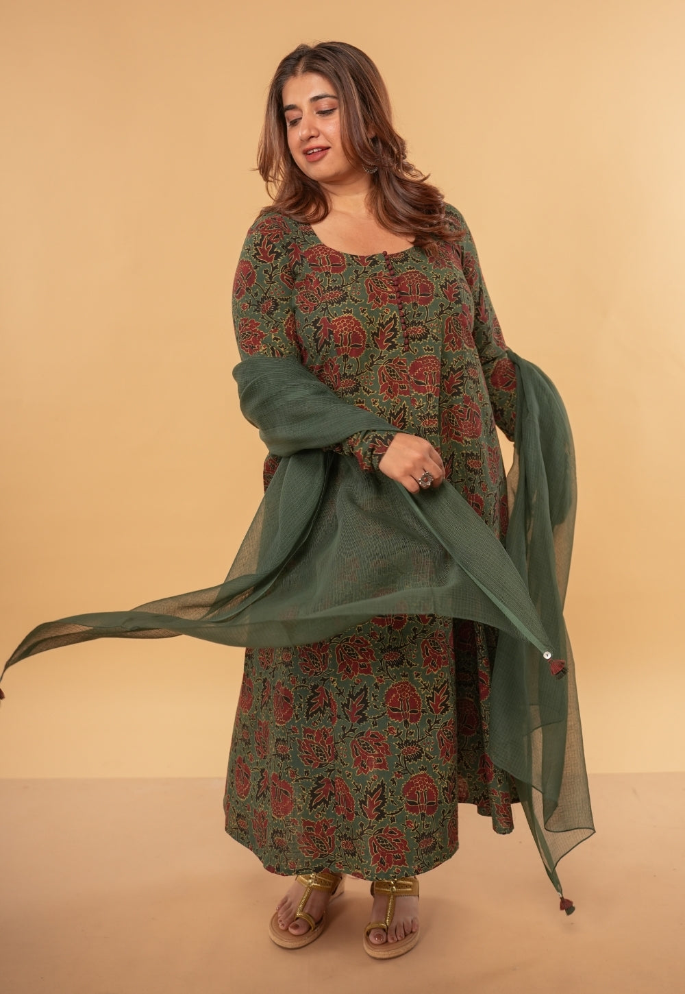 Green Solid Kota Doria Dupatta with Tassels