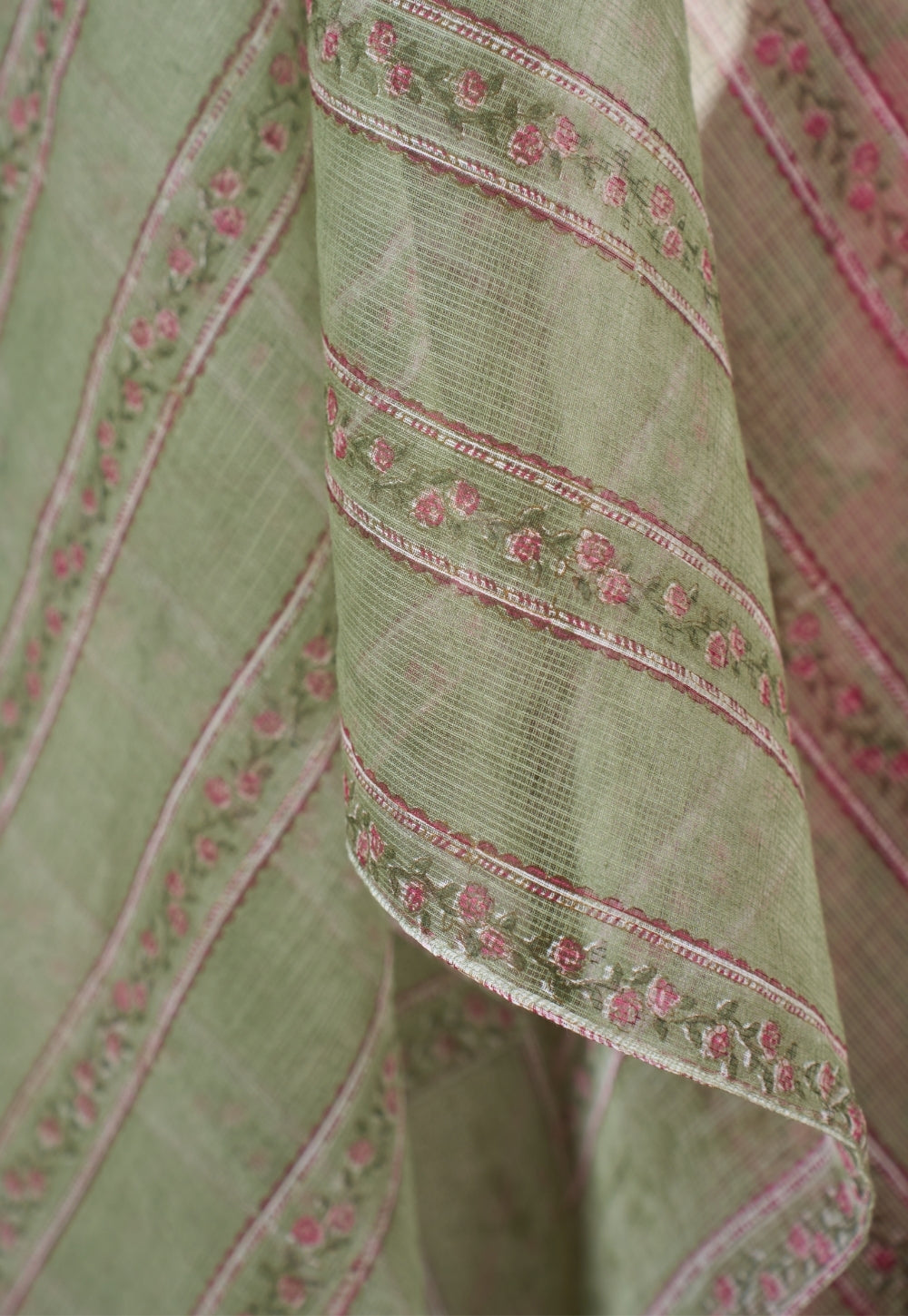 Rozin Green Sanganeri Kota Doria Cotton Dupatta