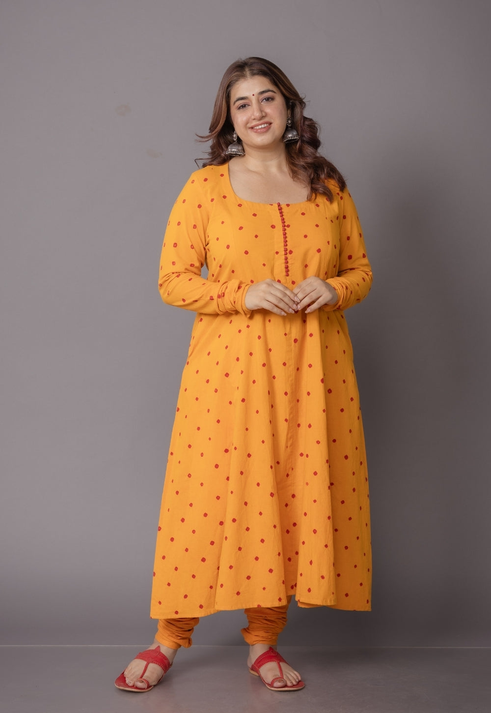 Akrita Yellow Bandhani Cotton Kali Suit Set (Set of 3)