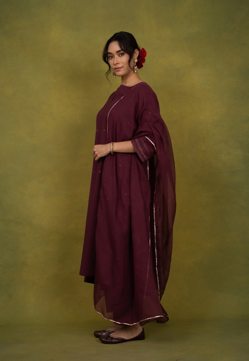 Malika Wine Rogan Handblock Printed Cotton Kali Kurta Suit Set (Set of 3)
