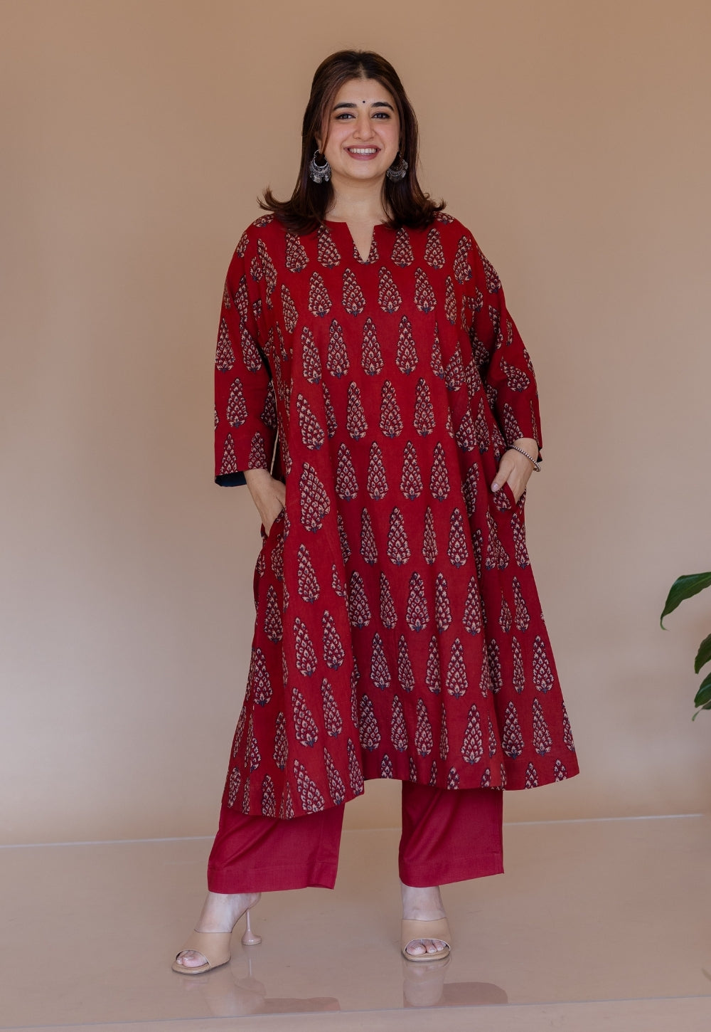 Nyra Red Ajrakh Cotton Jhabbha Kali Kurta