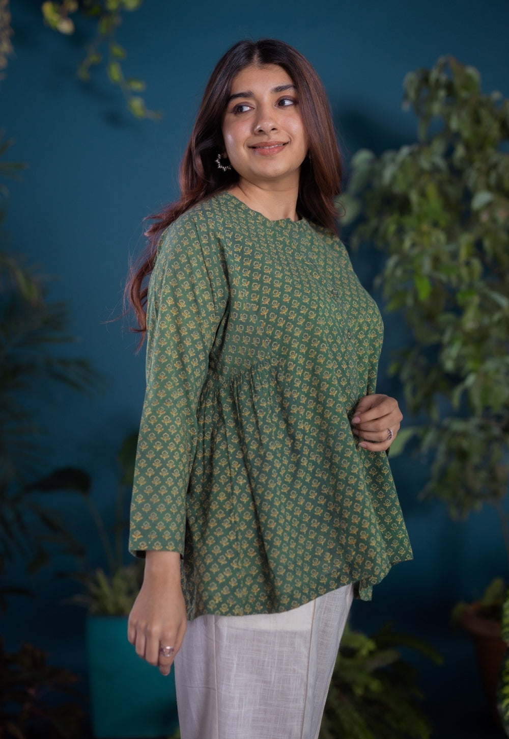 Gurmeet Green Ajrakh Cotton A Line Short Top