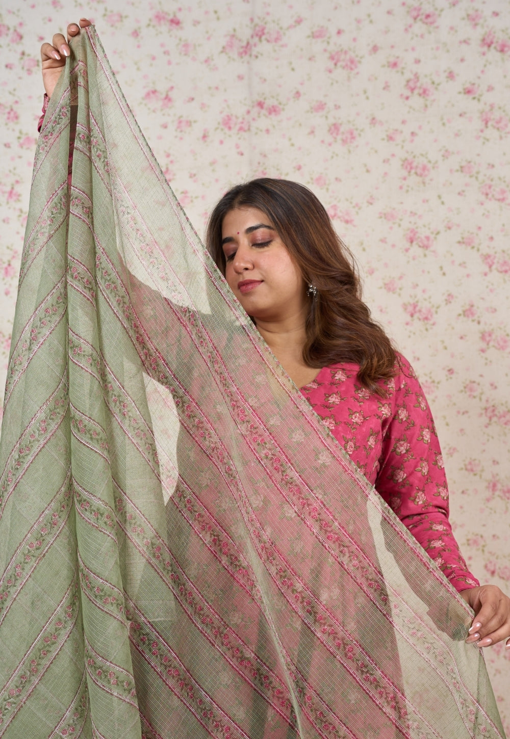 Rozin Green Sanganeri Kota Doria Cotton Dupatta