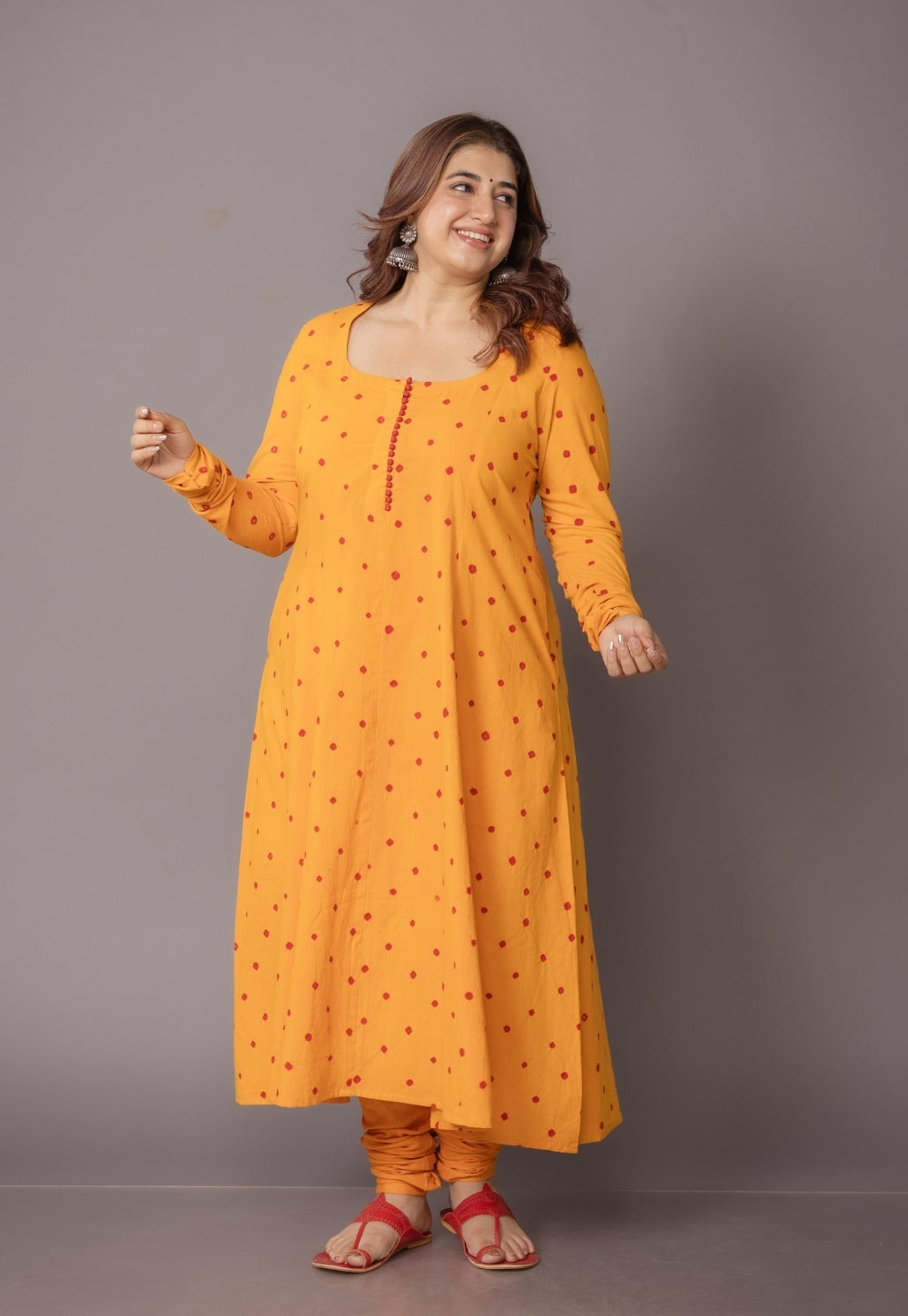 Akrita Yellow Bandhani Cotton Kali Suit Set (Set of 3)