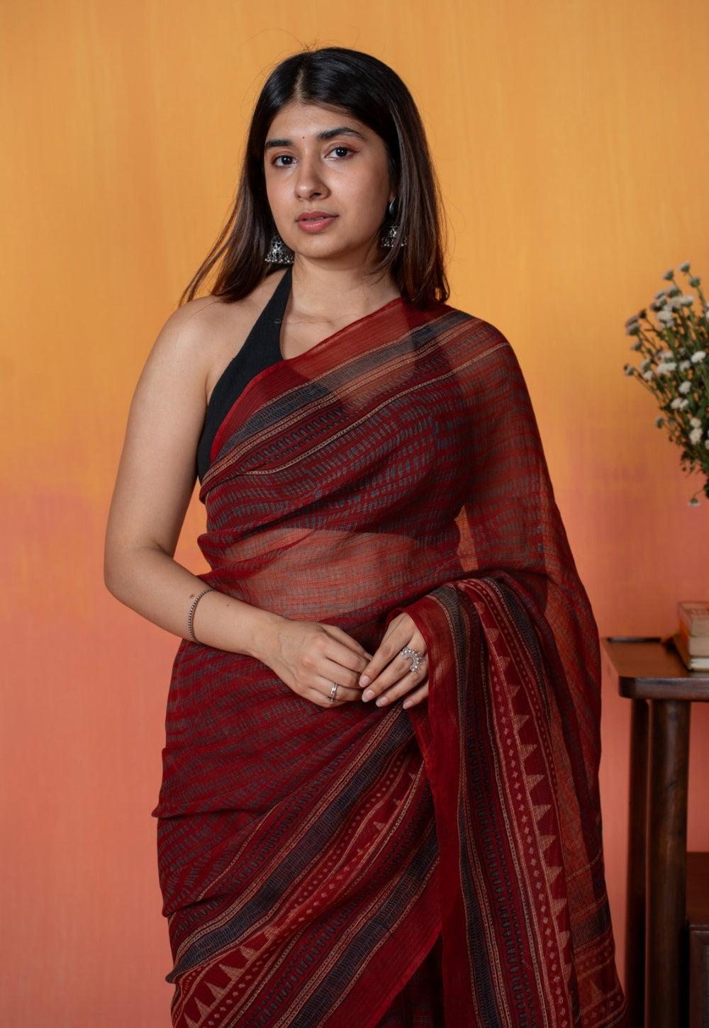 Red Objects Ajrakh Hand Block Print Kota Doria Cotton Saree