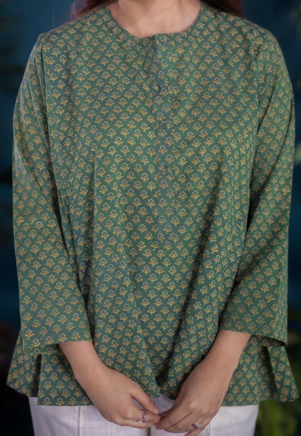 Gurmeet Green Ajrakh Cotton A Line Short Top