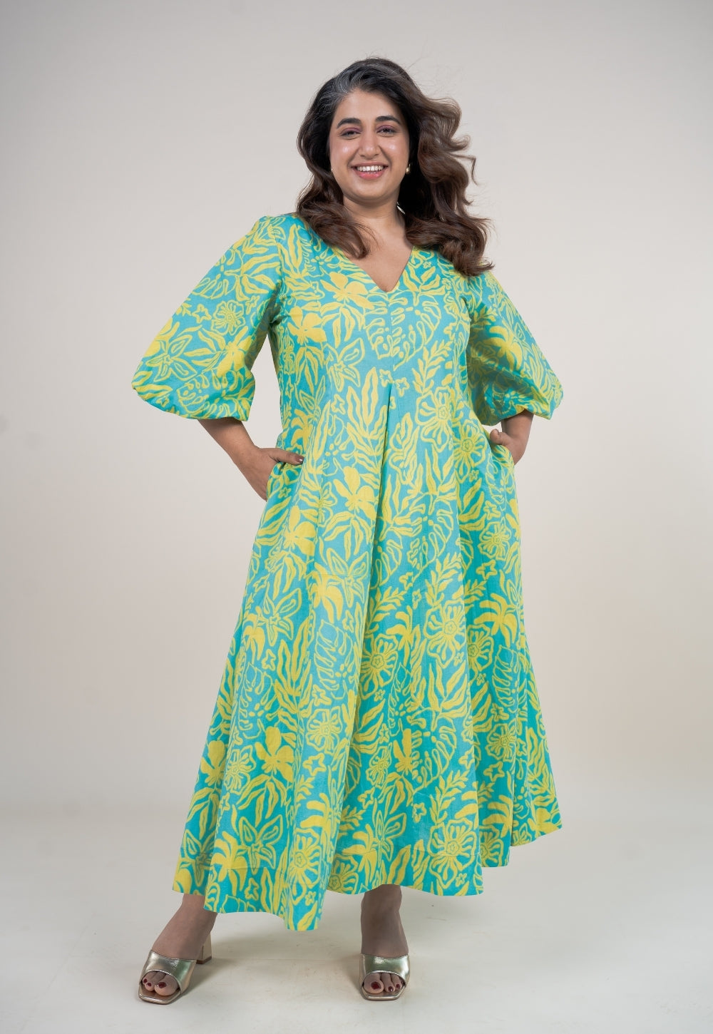 Tanisha Blue Turquoise Printed Cotton A Line Dress