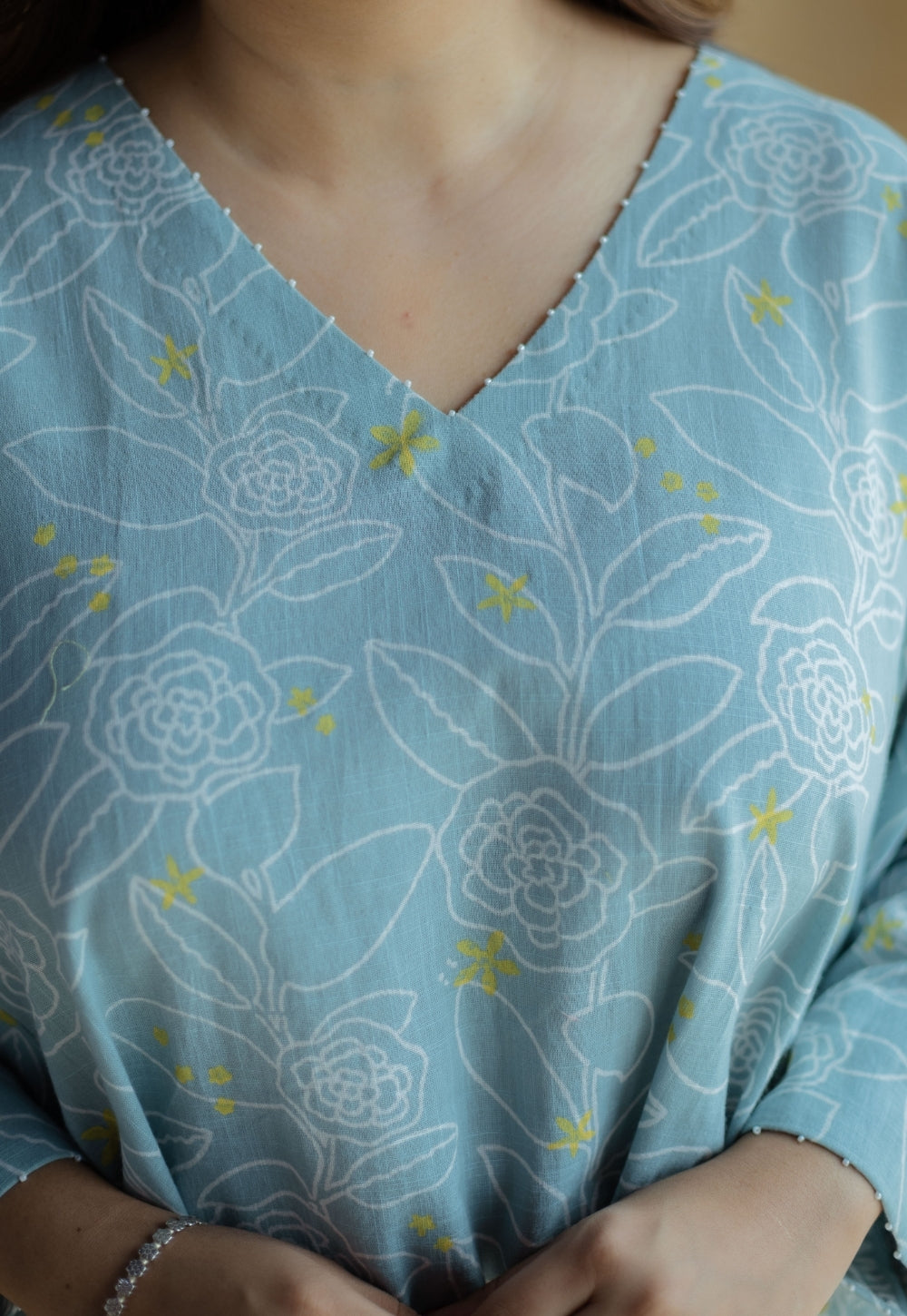 Jazmin Sky Blue Hand Block Print Slub Cotton Anti-Fit Kurta with Hand Embroidery
