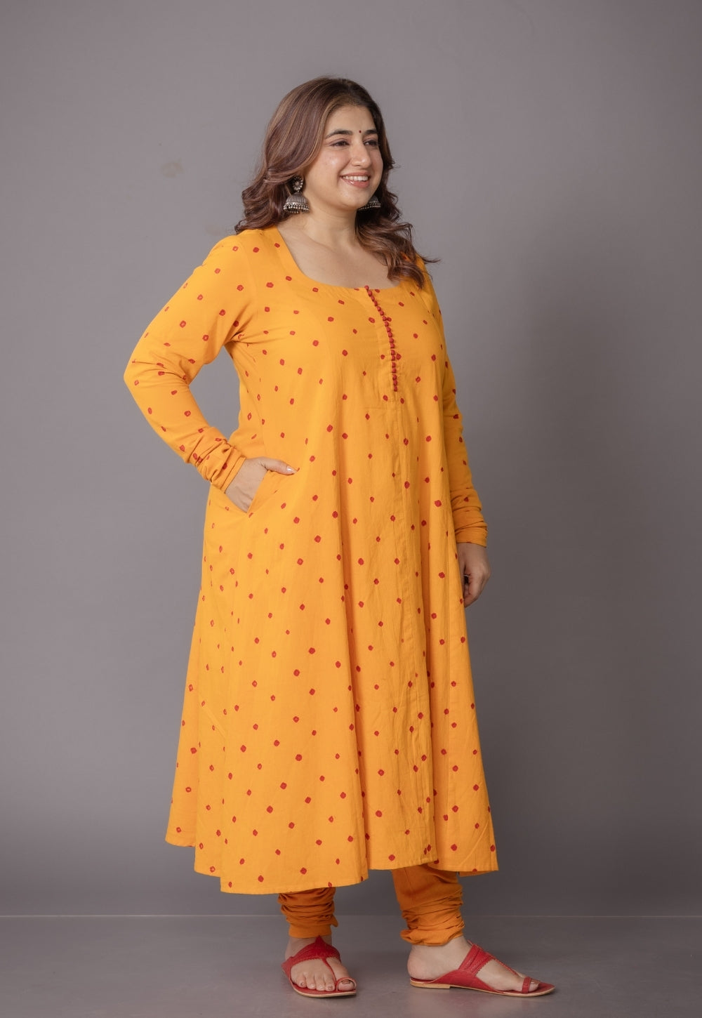 Akrita Yellow Bandhani Cotton Kali Suit Set (Set of 3)