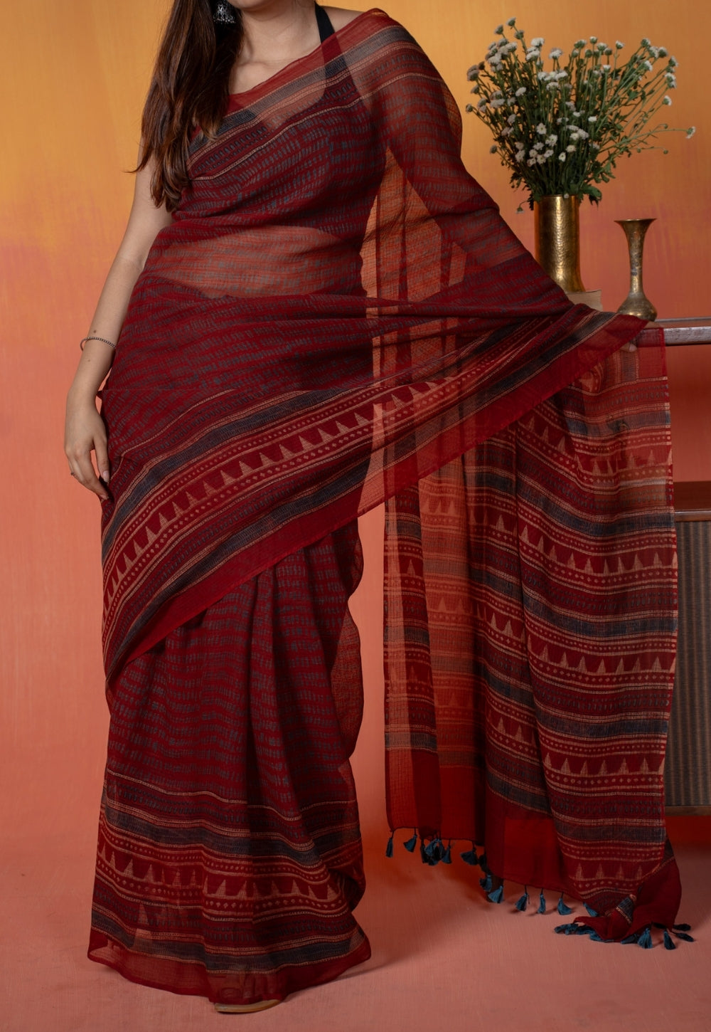 Red Objects Ajrakh Hand Block Print Kota Doria Cotton Saree