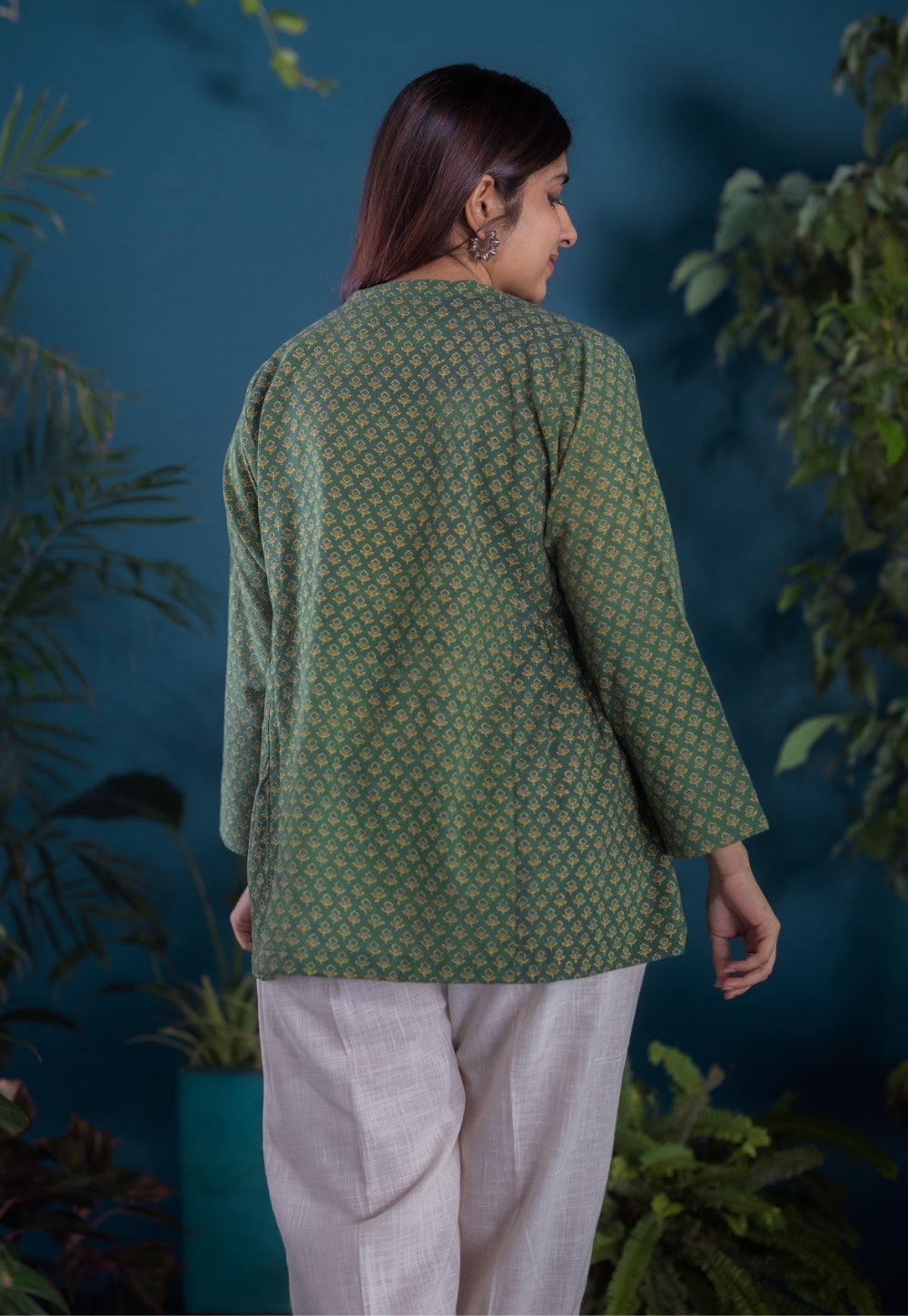 Gurmeet Green Ajrakh Cotton A Line Short Top