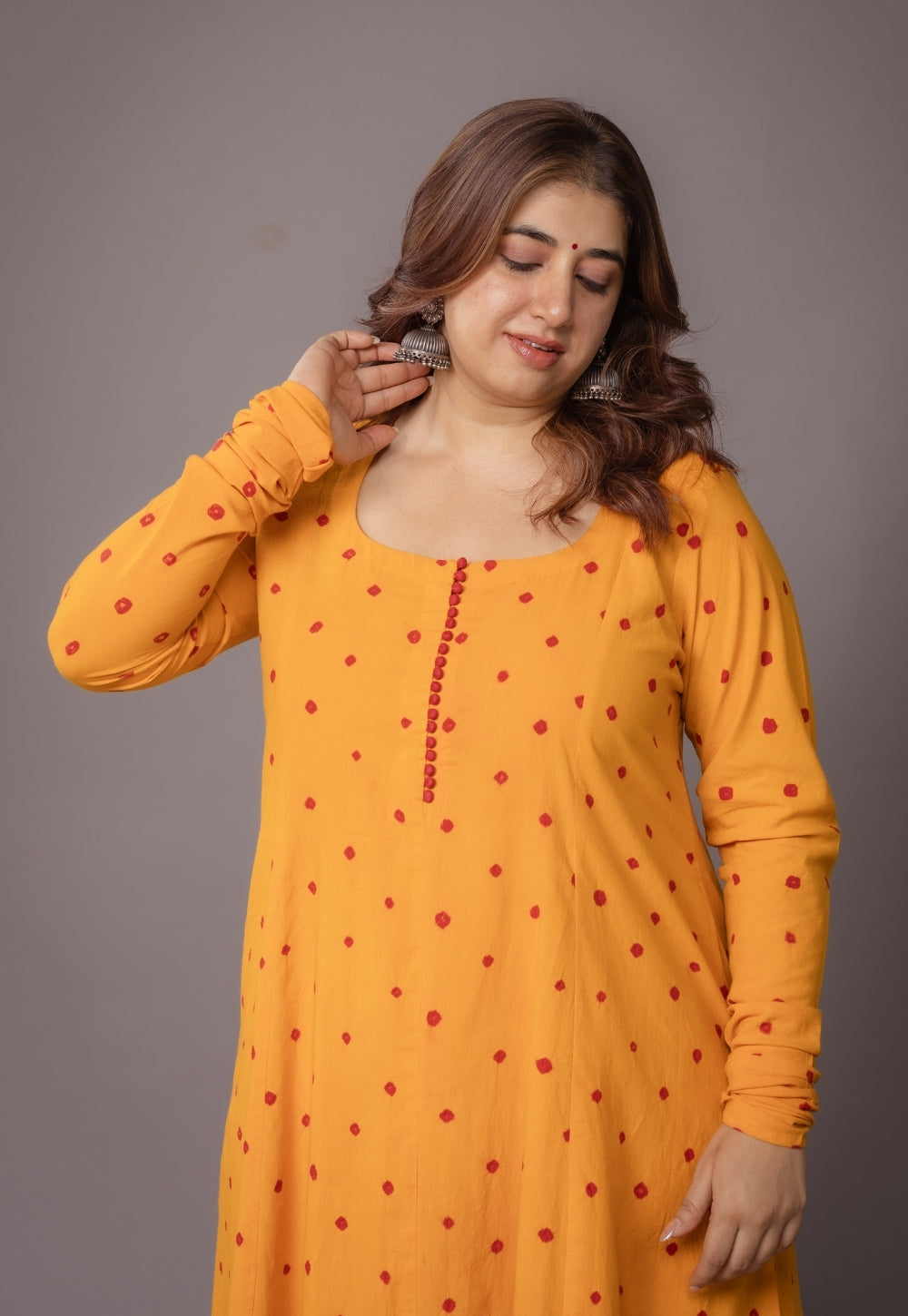 Akrita Yellow Bandhani Cotton Kali Suit Set (Set of 3)