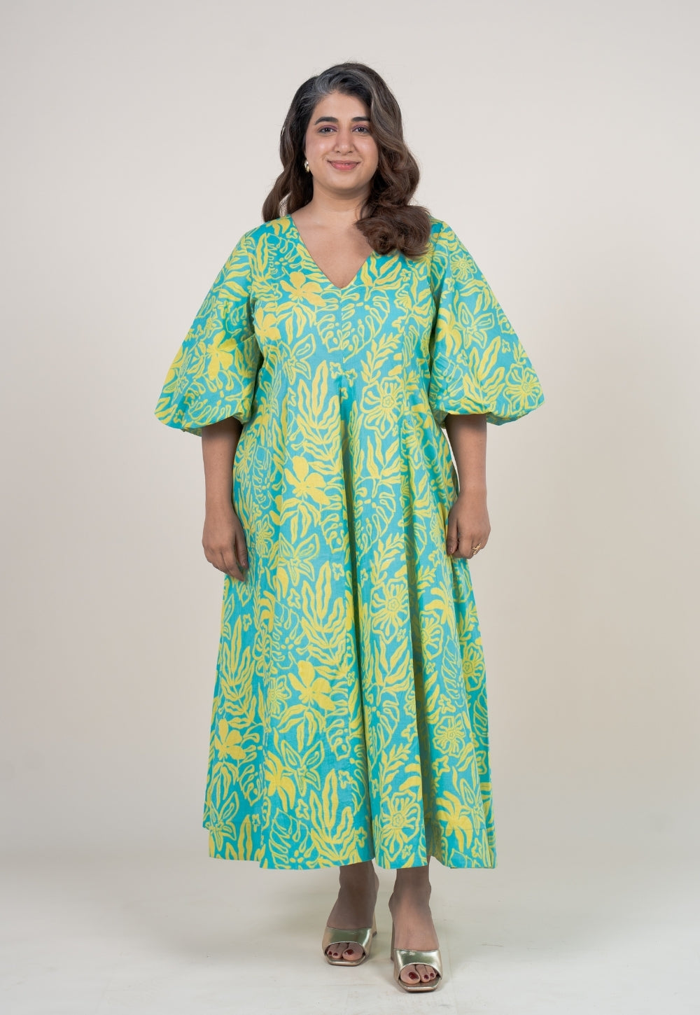 Tanisha Blue Turquoise Printed Cotton A Line Dress