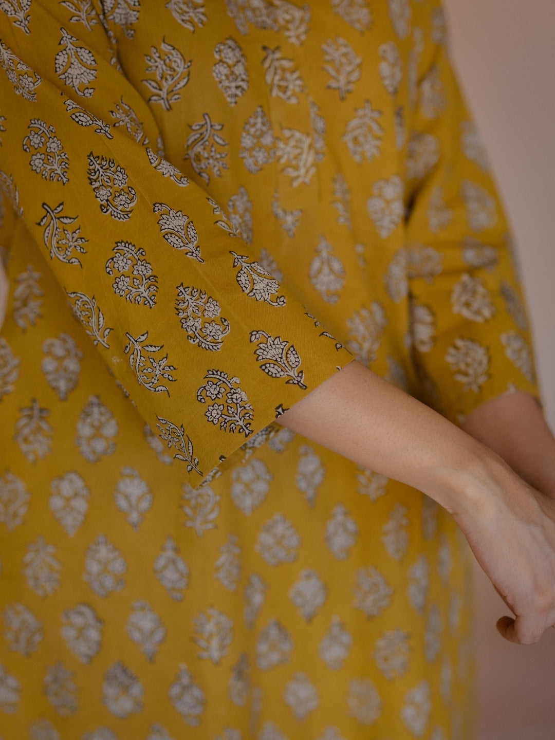 Avika Yellow Bagru Cotton Straight Kurta
