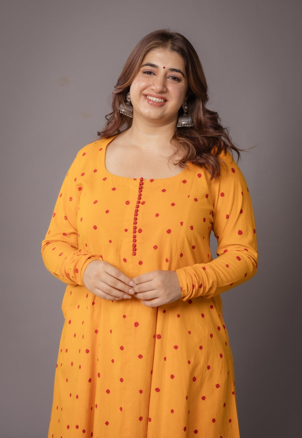 Akrita Yellow Bandhani Cotton Kali Suit Set (Set of 3)