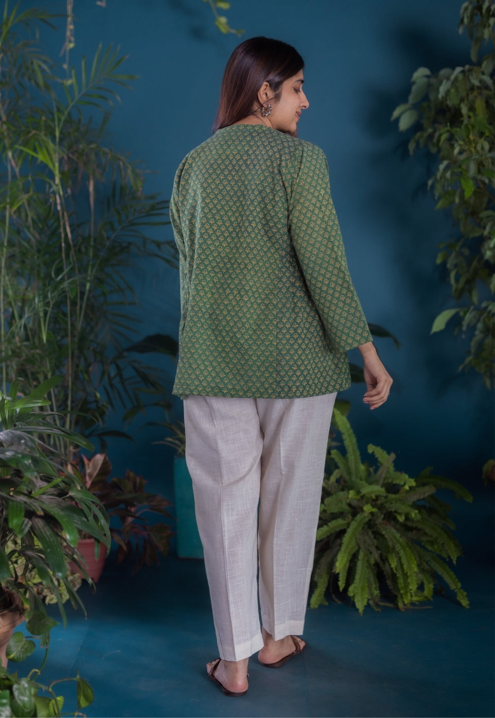Gurmeet Green Ajrakh Cotton A Line Short Top