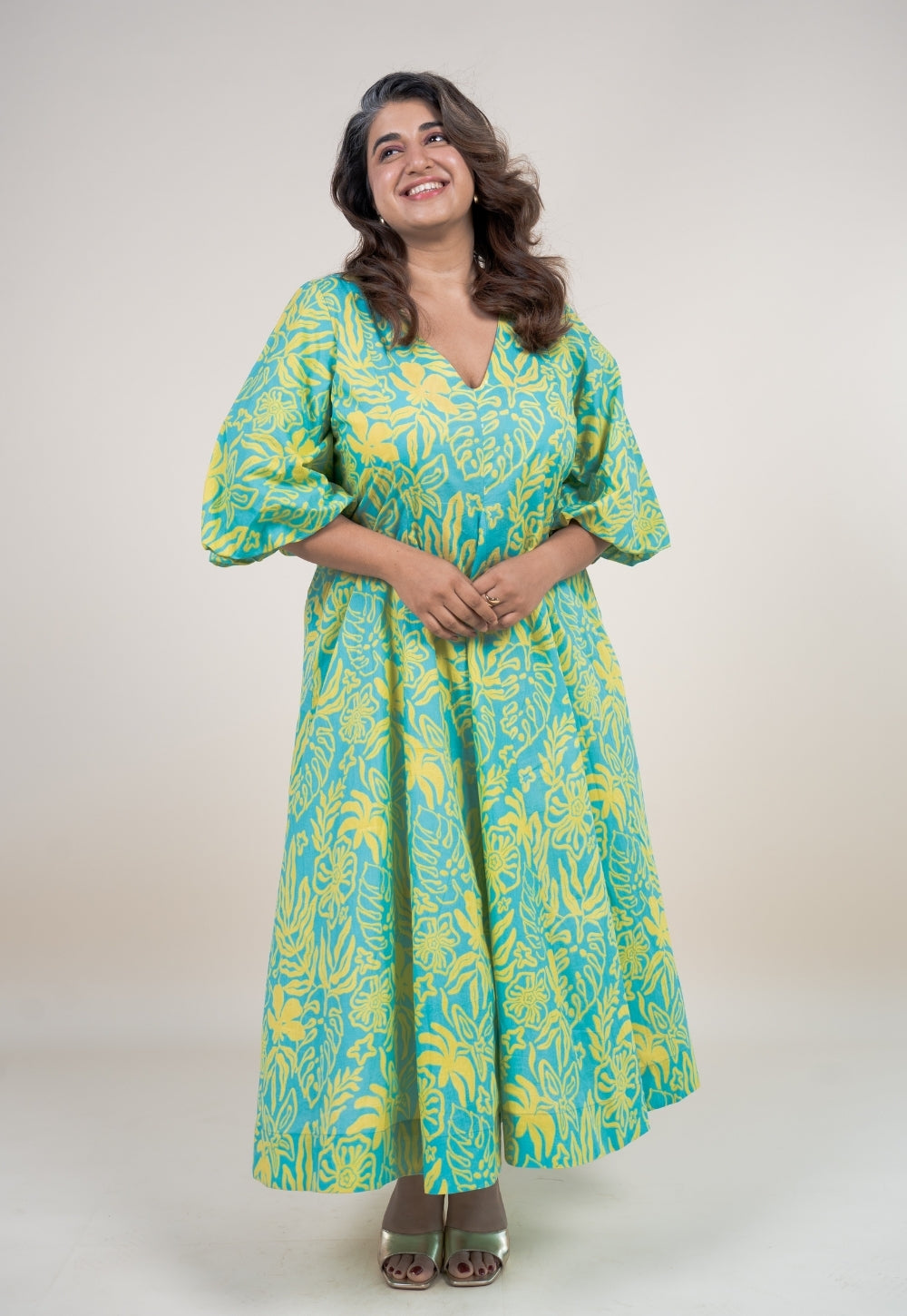 Tanisha Blue Turquoise Printed Cotton A Line Dress