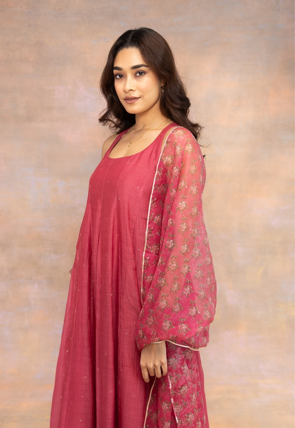 Gul Pink Solid Chanderi Silk Kali Kurta with Mukaish Detailing